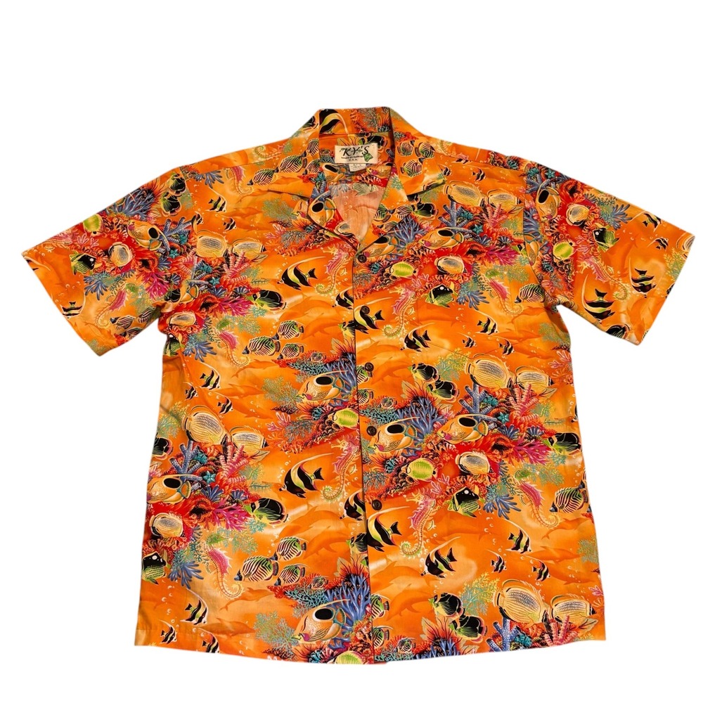 KY'S Hawaiian Shirt Mens Median Tropical Fish Coral Reef Cotton Aloha Button Up